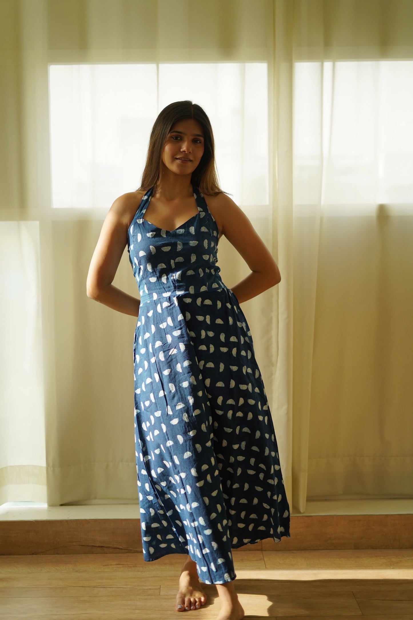 Indigo Half Moon Halter Dress