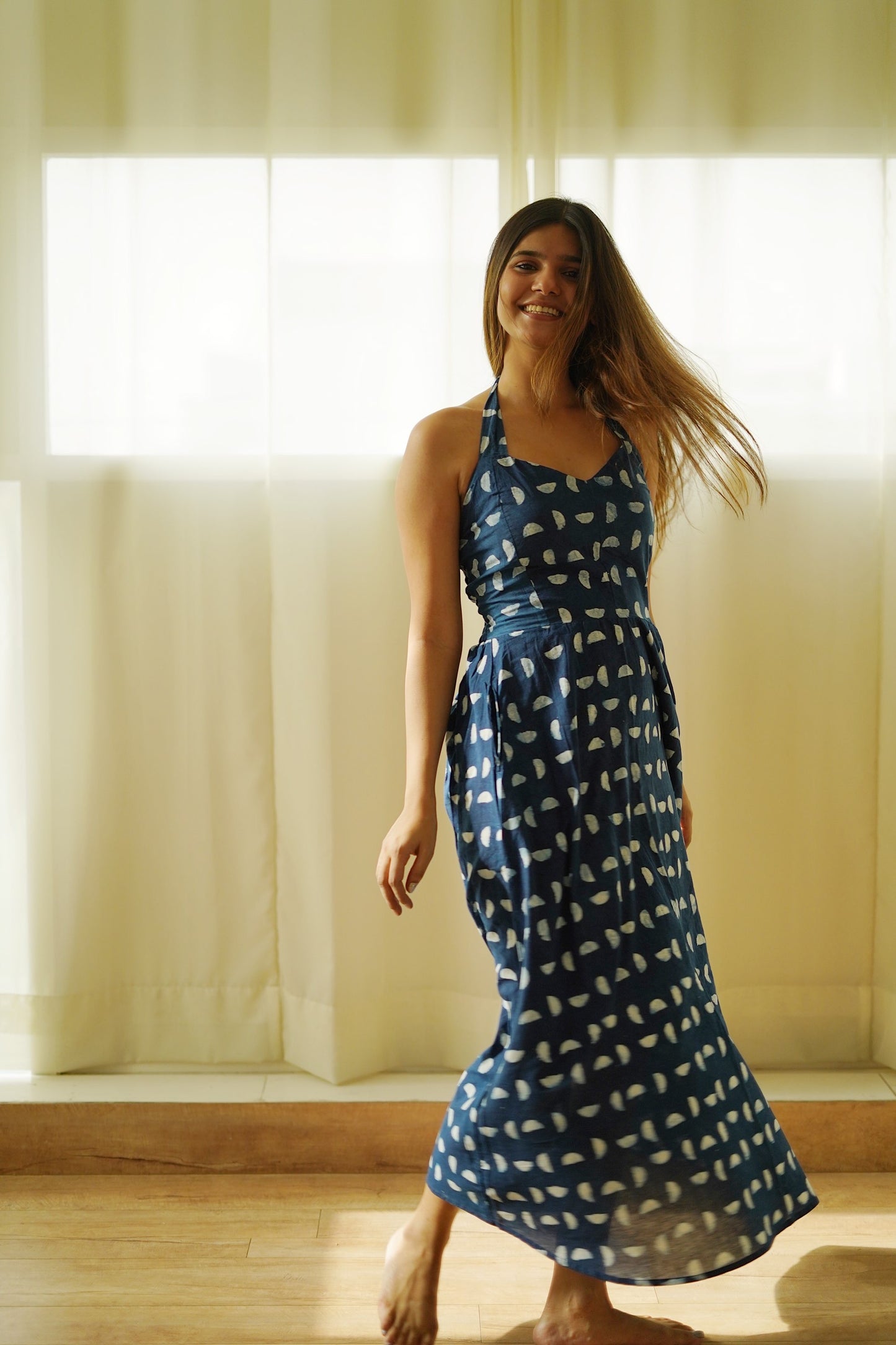 Indigo Half Moon Halter Dress